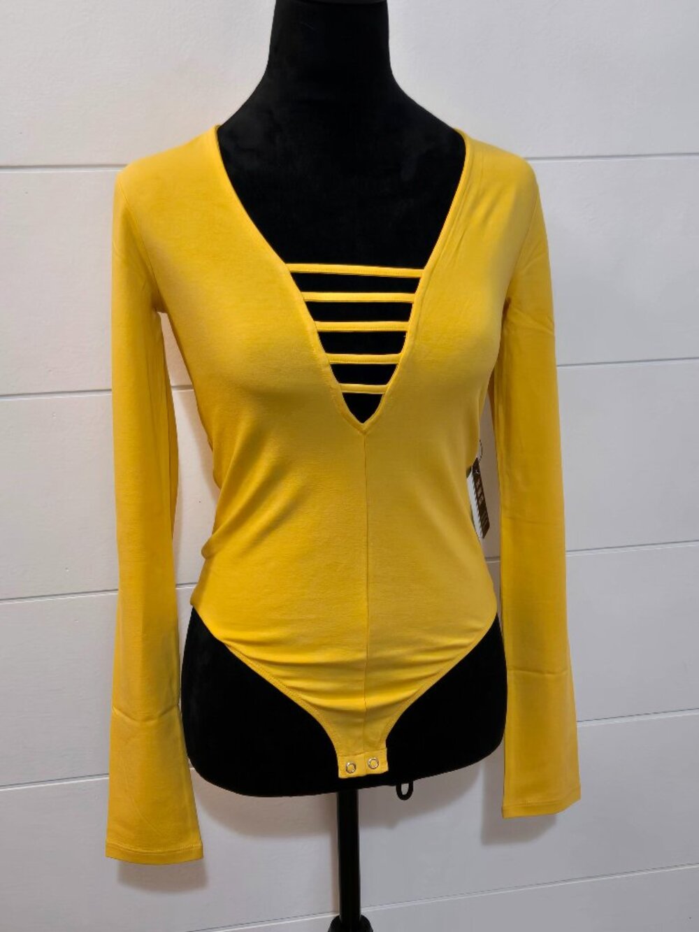 Express Yellow Bodysuit Deep V Straps Long Sleeve XS NWT